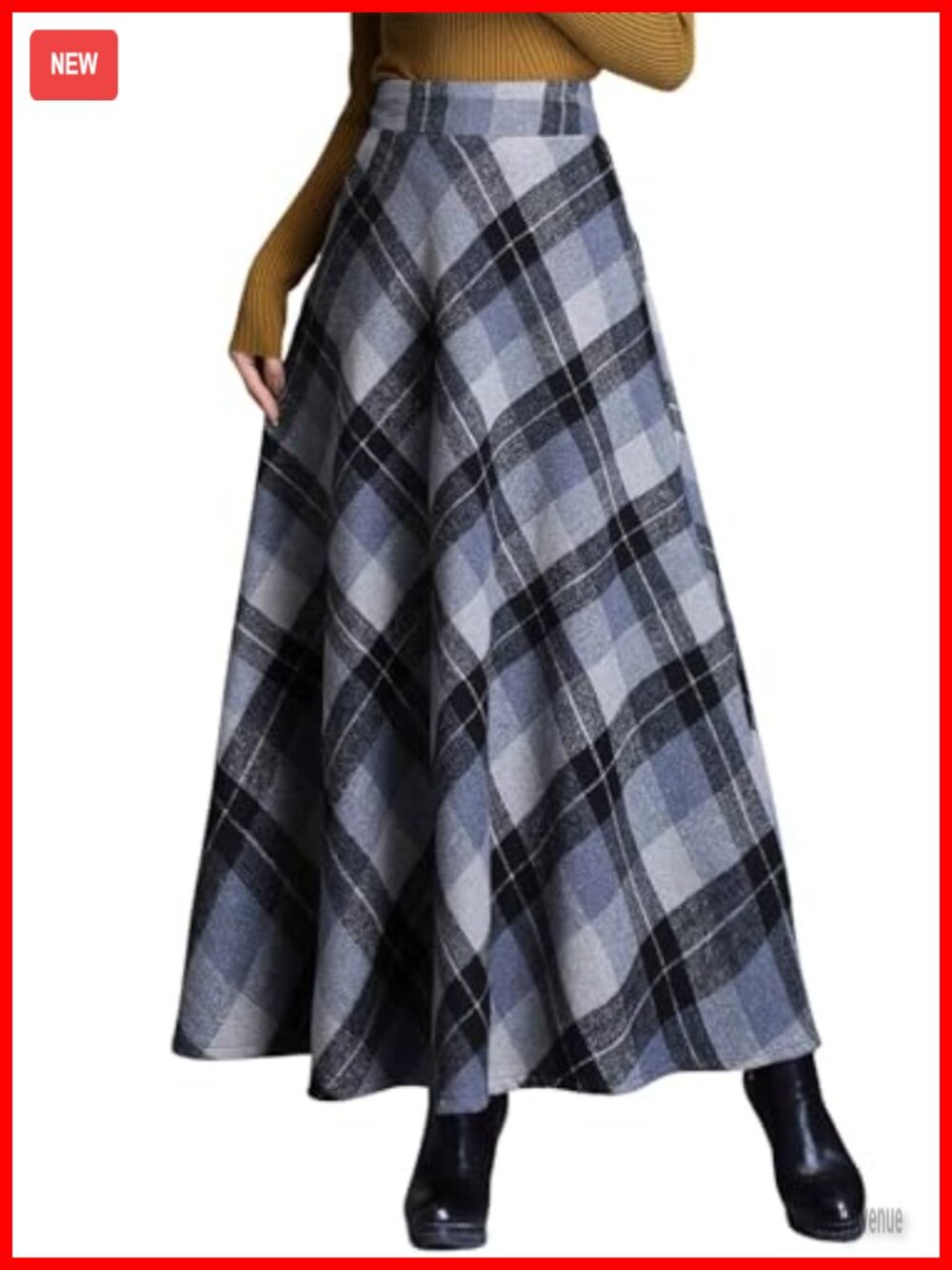 Wool Blend Plaid High Waist A-Line Pleated Maxi Skirt with Pockets